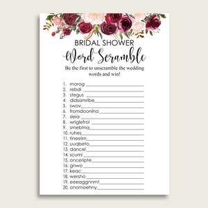 Burgundy Bridal Shower Word Scramble Game, Red Pink Word Scramble Printable, Bachelorette Party, Instant Download, Marsala Floral 6GQOT