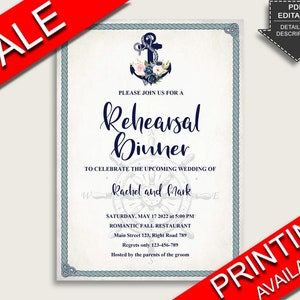 Nautical Anchor Rehearsal Dinner Invitation Editable, Blue Beige The Night Before Invitation, Printable or Printed, Instant Download, 87BSZ