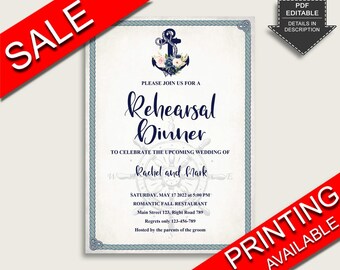 Nautical Anchor Rehearsal Dinner Invitation Editable, Blue Beige The Night Before Invitation, Printable or Printed, Instant Download, 87BSZ