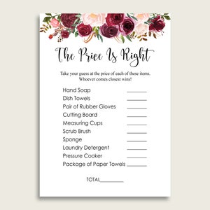 Burgundy The Price Is Right Bridal Shower Game, Red Pink Guess The Price Printable, Instant Download, Shabby Chic Garden 6GQOT