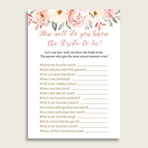 Blush Flowers How Well Do You Know The Bride, Pink Yellow Bridal Shower Game Printable, Who Knows Bride Best, Instant Download, 06D7T
