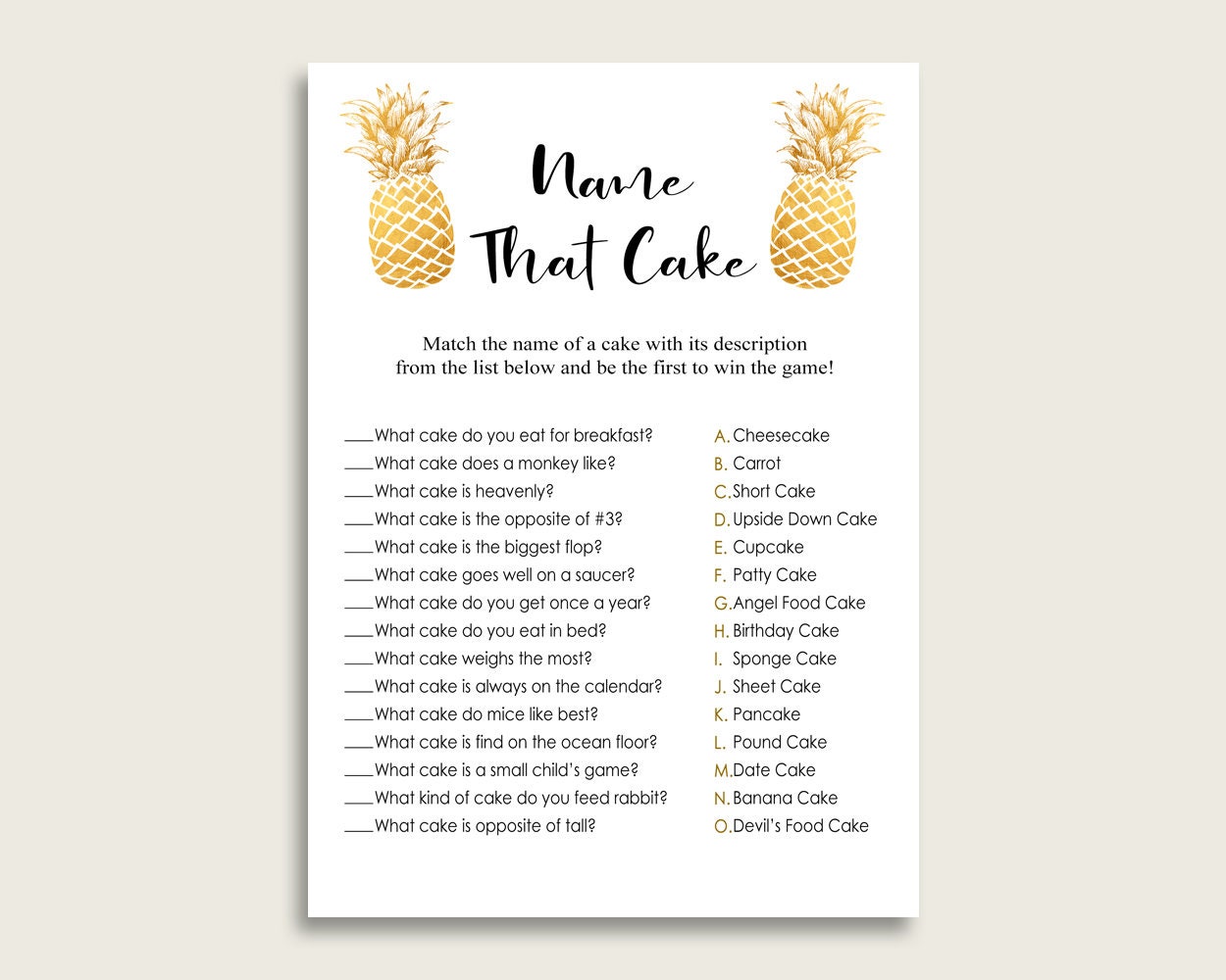 Pineapple Name That Cake Bridal Shower Game Printable Gold - Etsy