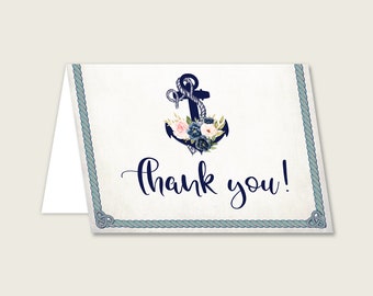 Nautical Anchor Bridal Shower Thank You Cards Folded, Blue Beige Thank You Card Printable, Bridal Party, Instant Download, 87BSZ