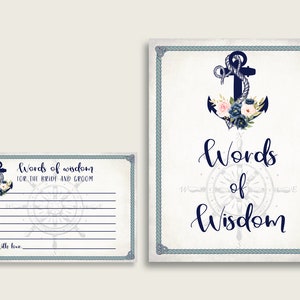 Blauw Beige woorden van wijsheid kaarten & teken afdrukbaar, nautische anker bruids douche wensen voor bruid en bruidegom, Instant Download, Marine 87BSZ
