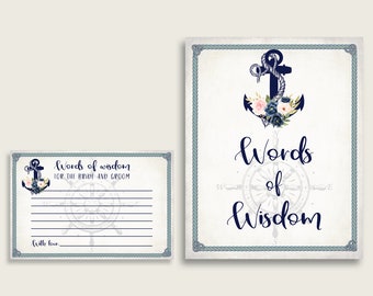 Blue Beige Words Of Wisdom Cards & Sign Printable, Nautical Anchor Bridal Shower Wishes For Bride And Groom, Instant Download, Navy 87BSZ