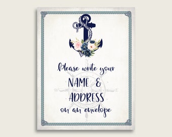 Nautical Anchor Name & Address Sign Printable, Envelope Sign, Blue Beige Bridal Shower Write Your Name And Address Sign, Instant 87BSZ