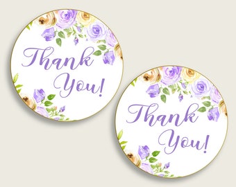 Purple Floral Bridal Shower Favor Tag Round Printable, Purple Yellow Thank You Gift Tags, Favor Labels, Instant Download, WEE0X