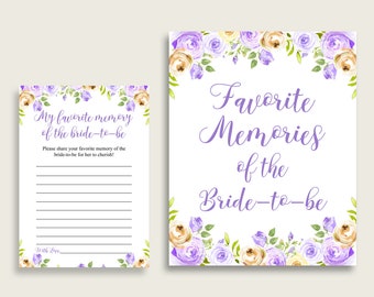 Purple Floral Favorite Memory With Bride To Be Cards And Sign, Purple Yellow Bridal Shower Printable, Bachelorette, Instant Download, WEE0X