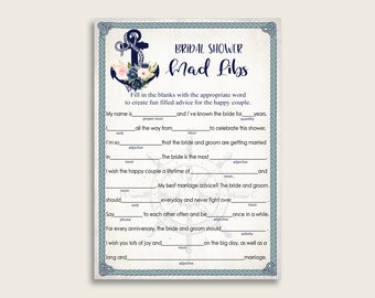 Nautical Anchor Bridal Shower Mad Libs Cards Game, Blue Beige Mad Libs Advice Printable, Bachelorette Party, Instant Download, 87BSZ