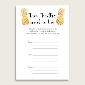 Pineapple Bridal Shower Two Truths And A Lie Game, Gold White Bachelorette Party Game Printable, 2 Truths 1 Lie, Instant Download 86GZU