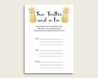 Pineapple Bridal Shower Two Truths And A Lie Game, Gold White Bachelorette Party Game Printable, 2 Truths 1 Lie, Instant Download 86GZU