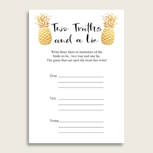 Pineapple Bridal Shower Two Truths And A Lie Game, Gold White Bachelorette Party Game Printable, 2 Truths 1 Lie, Instant Download 86GZU