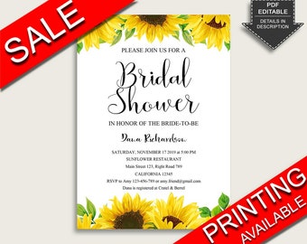 Sunflower Bridal Shower Invitation, Yellow White Bridal Shower Invite Editable, Printable or Printed, Instant Download, Summer Floral SSNP1