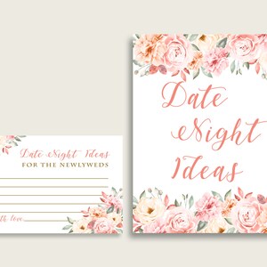Blush Flowers Date Night Ideas Cartões e sinais para impressão, chá de panela amarelo rosa atividade noturna para data, download instantâneo, Coral Gold 06D7T