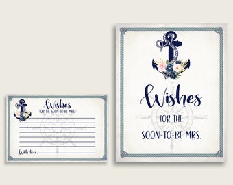 Nautical Anchor Wishes For The Soon To Be Mrs Cards And Sign Printable, Blue Beige Bridal Shower Wishes For The New Bride, Instant 87BSZ