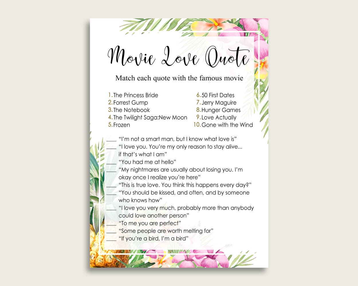 Tropical Romantic Movie Love Quotes Match Game, Green Pink Bridal Shower  Game Printable, Bachelorette Party, Instant Download, ARTAN, image size:1250x1000