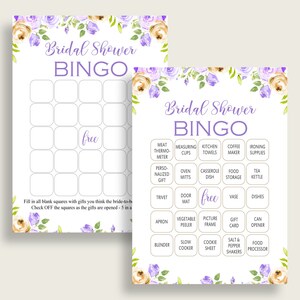 Purple Floral Bridal Shower Bingo Cards Printable, 60 Prefilled Bingo Game Cards Purple Yellow, Free Empty Bingo, Instant Download, WEE0X