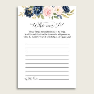 Blue Pink Who Am I Bridal Shower Game Printable, Navy Blush Floral Bridal Shower Activity, Ice Breaker Game, Instant Download, Flowers UY5IG