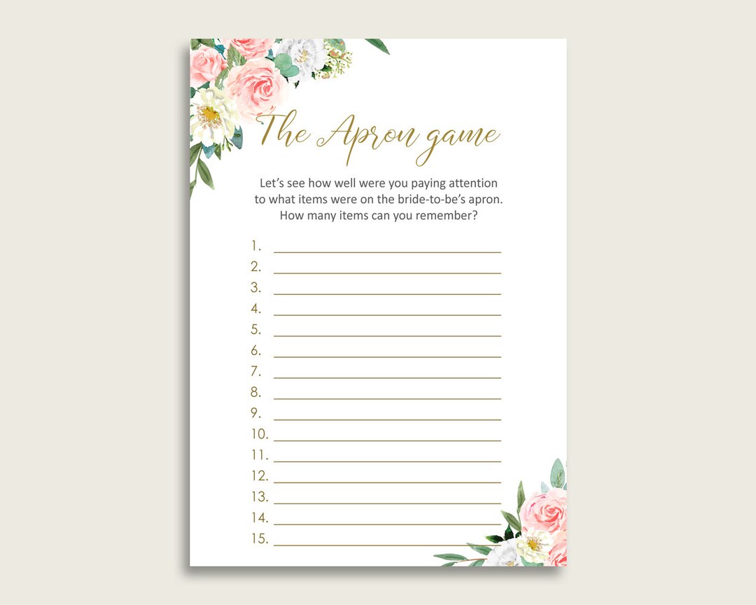Blush Floral Bridal Shower Apron Game Printable, Pink Green Memory Game ...