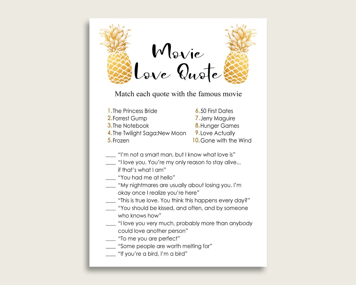 Pineapple Romantic Movie Love Quotes Match Game Gold White - Etsy