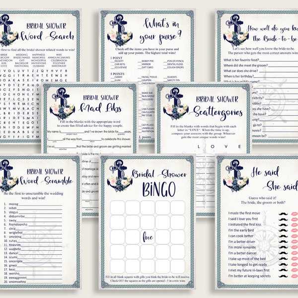 Nautical Bridal Shower Games Bundle, Anchor Games Set Printable, Blue Beige Games Package, Instant Download, Navy Flowers 87BSZ