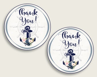 Nautical Anchor Bridal Shower Favor Tag Round Printable, Blue Beige Thank You Gift Tags, Favor Labels, Instant Download, Navy Flowers 87BSZ