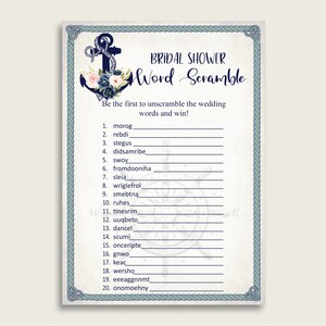 Nautical Anchor Bridal Shower Word Scramble Game, Blue Beige Word Scramble Printable, Bachelorette Party, Instant Download, Vintage 87BSZ