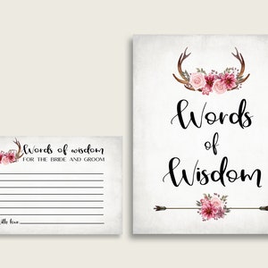 Roze grijze woorden van wijsheid kaarten & teken afdrukbaar, hertengeweien bruids douche wensen voor bruid en bruidegom, Instant Download, bloemen MVR4R
