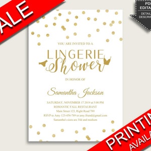 Gold White Lingerie Shower Invitation Editable, Gold Confetti Lingerie Party Invite, Printable or Printed, Instant Download, CZXE5