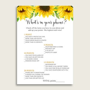 Yellow White Whats In Your Phone Game, Sunflower Bridal Shower Cell Phone Game Printable, Instant Download, Summer Floral SSNP1