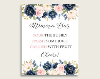 Navy Blush Floral Bridal Shower Mimosa Bar Sign Printable, Blue Pink Mimosa Sign, Drinks Sign, Engagement Sign, Wedding Sign, Instant UY5IG