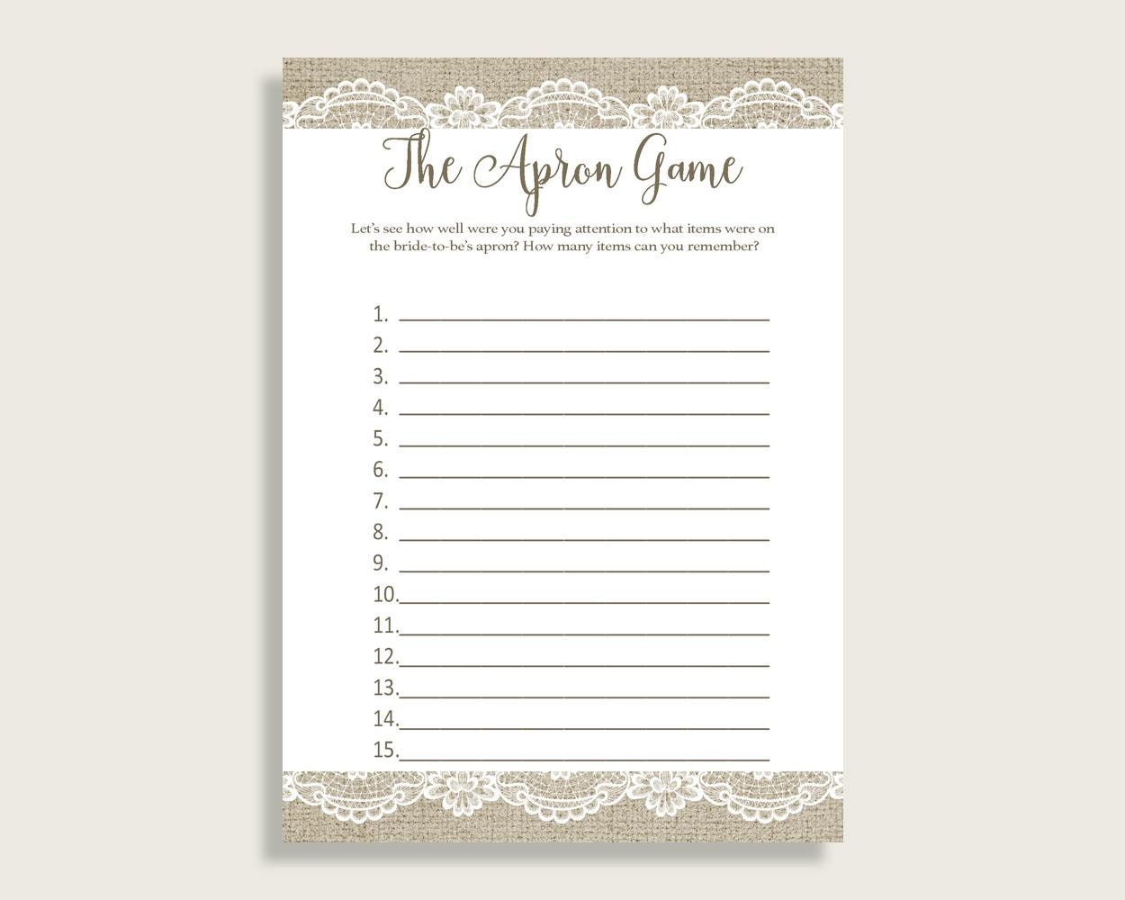 The Apron Game Bridal Shower the Apron Game Burlap and Lace Etsy