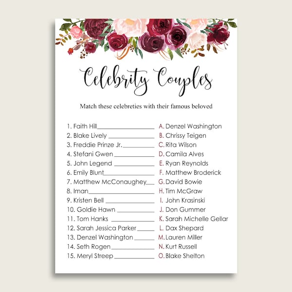 Burgundy Famous Couples Bridal Shower Game, Red Pink Match Celebrity Couples Printable, Instant Download, Boho Maroon Flowers 6GQOT