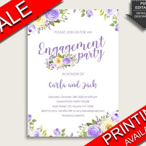 Purple Yellow Engagement Party Invitation, Purple Floral Engagement Invitation Editable, Printable or Printed, Instant Download WEE0X