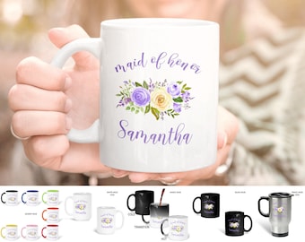 Purple Floral Maid Of Honor Mug for Tea Coffee, Purple Yellow Wedding Gift Favor Cup, Violet Personalized Mug, Travel Mugs, 11Oz 14Oz WEE0X