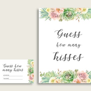 Sukkulenten Brautparty Ratet mal, wie viele Küsse Spiel druckbar, grün rosa Küsse für die Mrs Karten und Zeichen, Instant Download, 1LIZN