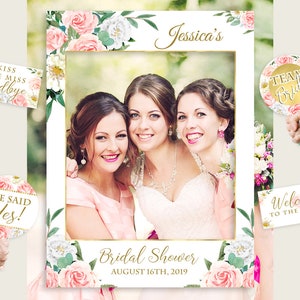 Printed Blush Floral Bridal Shower Photo Booth Frame, Bachelorette Selfie Frame, Pink Green Photo Prop, Waterproof, Ethereal Blooms Z2DRE