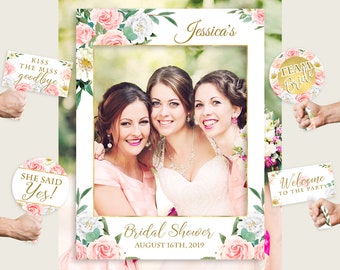 Printed Blush Floral Bridal Shower Photo Booth Frame, Bachelorette Selfie Frame, Pink Green Photo Prop, Waterproof, Ethereal Blooms Z2DRE