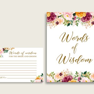 Rose goud roze woorden van wijsheid kaarten & teken afdrukbare, romantische bloemen bruids douche wensen voor bruid en bruidegom, Instant Download, C0CS5