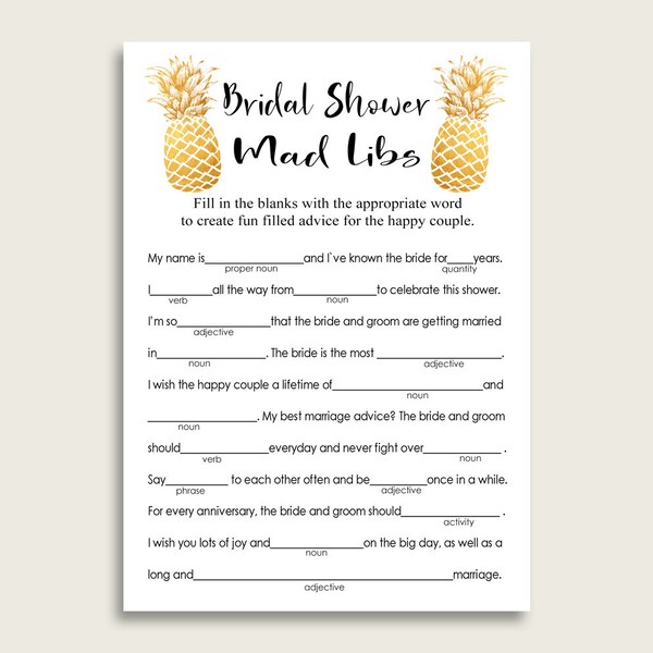 Pineapple Bridal Shower Mad Libs Cards Game, Gold White Mad Libs Advice Printable, Bachelorette Party, Instant Download, Aloha Summer 86GZU