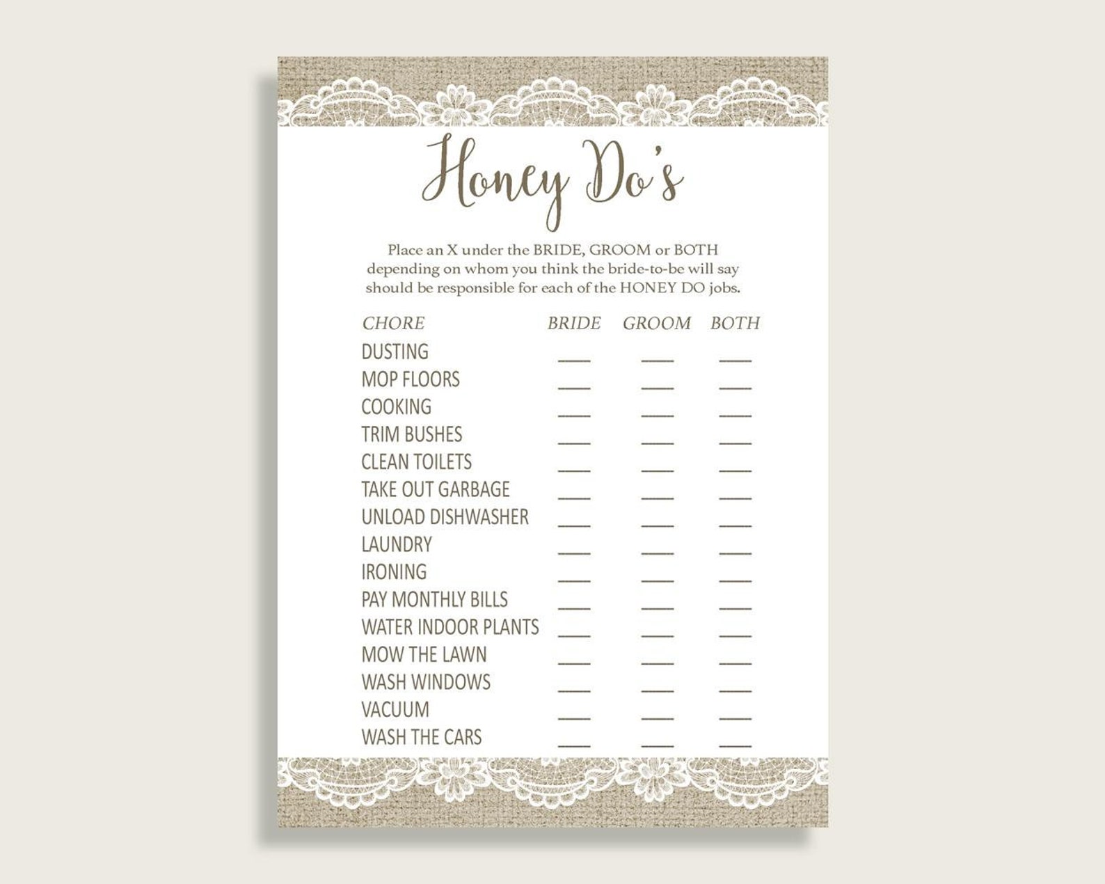 Honey Do List Bridal Shower Honey Do List Burlap and Lace Etsy