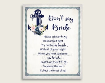 Nautical Anchor Dont Say Bride, Bridal Shower Game, Blue Beige Please Take A Ring, The Ring Game Sign Printable, Instant Download, 87BSZ