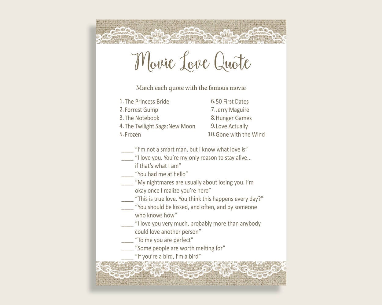Movie Love Quotes Bridal Shower Movie Love Quotes Burlap and Lace Bridal  Shower Movie Love Quotes Bridal Shower Burlap and Lace Movie NR0BX - Etsy, image size:1250x1000