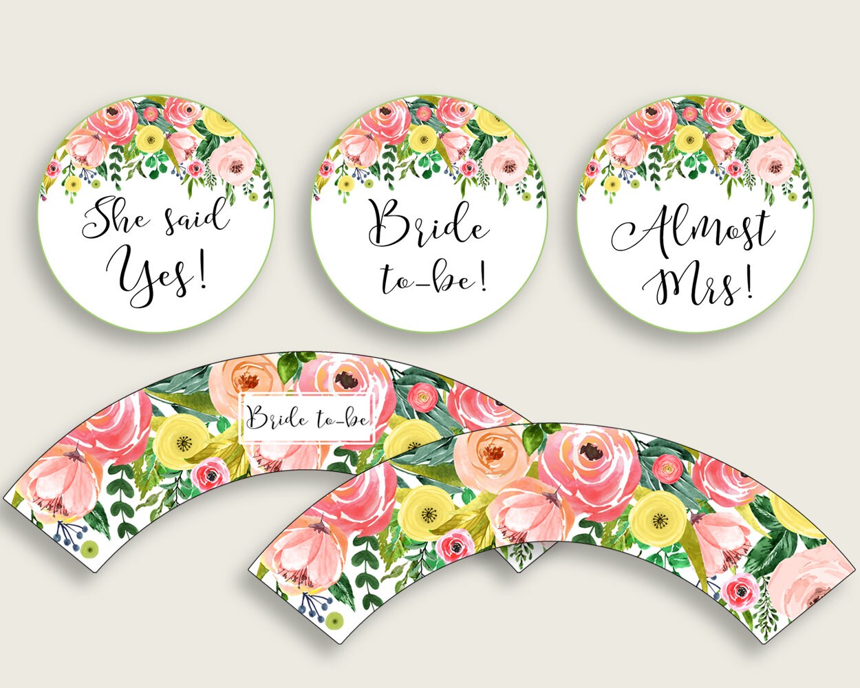 Spring Floral Bridal Shower Cupcake Toppers Printable Green Pink Bridal Shower Cupcake Wrappers Instant Download Summer Theme