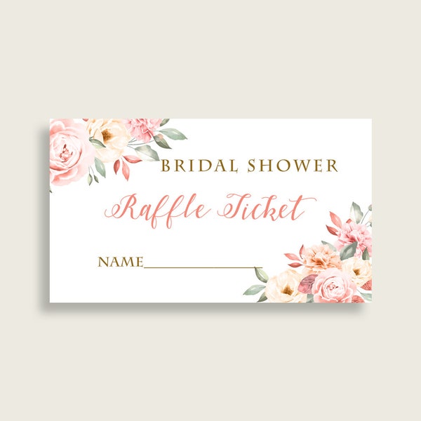 Blush Flowers Bridal Shower Raffle Tickets, Pink Yellow Bridal Shower Raffle Cards Printable, Instant Download, Coral Gold Romantic 06D7T