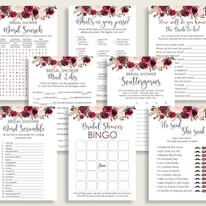 Burgundy Bridal Shower Games Bundle, Red Pink Games Package, Games Set Printable, Instant Download, Shabby Chic Garden 6GQOT