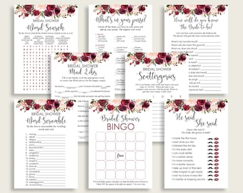 Burgundy Bridal Shower Games Bundle, Red Pink Games Package, Games Set Printable, Instant Download, Shabby Chic Garden 6GQOT