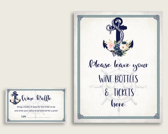 Nautical Anchor Bridal Shower Wine Raffle Ticket Printable, Blue Beige Bridal Shower Insert Card And Sign, Instant Download, 87BSZ