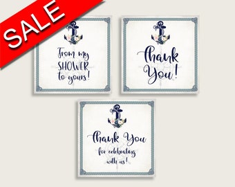 Nautical Anchor Square Favor Tags Printable, Bridal Shower Blue Beige Thank You Gift Tags 2x2, Favor Labels, Instant Download, 87BSZ