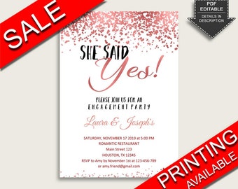 Confetti She Said Yes Invitation Editable, Rose gold White Engagement Celebration Invite, Printable or Printed, Instant Download B9MAI